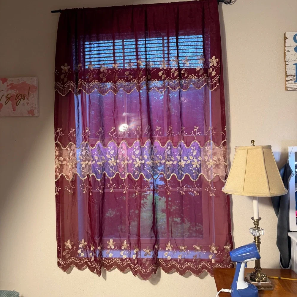 Vtg Burgundy Sheer Embroidered Curtains Set of 2 Lace Window Panels 66.5